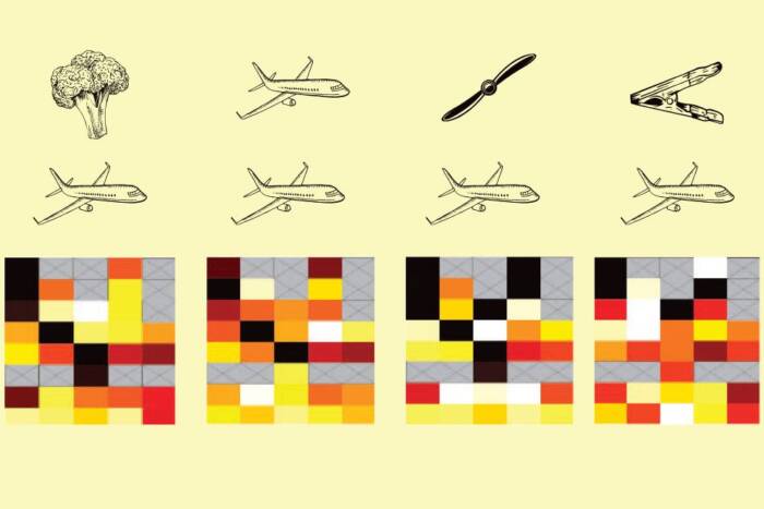 illustrations of broccoli, planes, a propeller and a clothes pin, along with multicolored squares indicating neural activity, on a yellow background