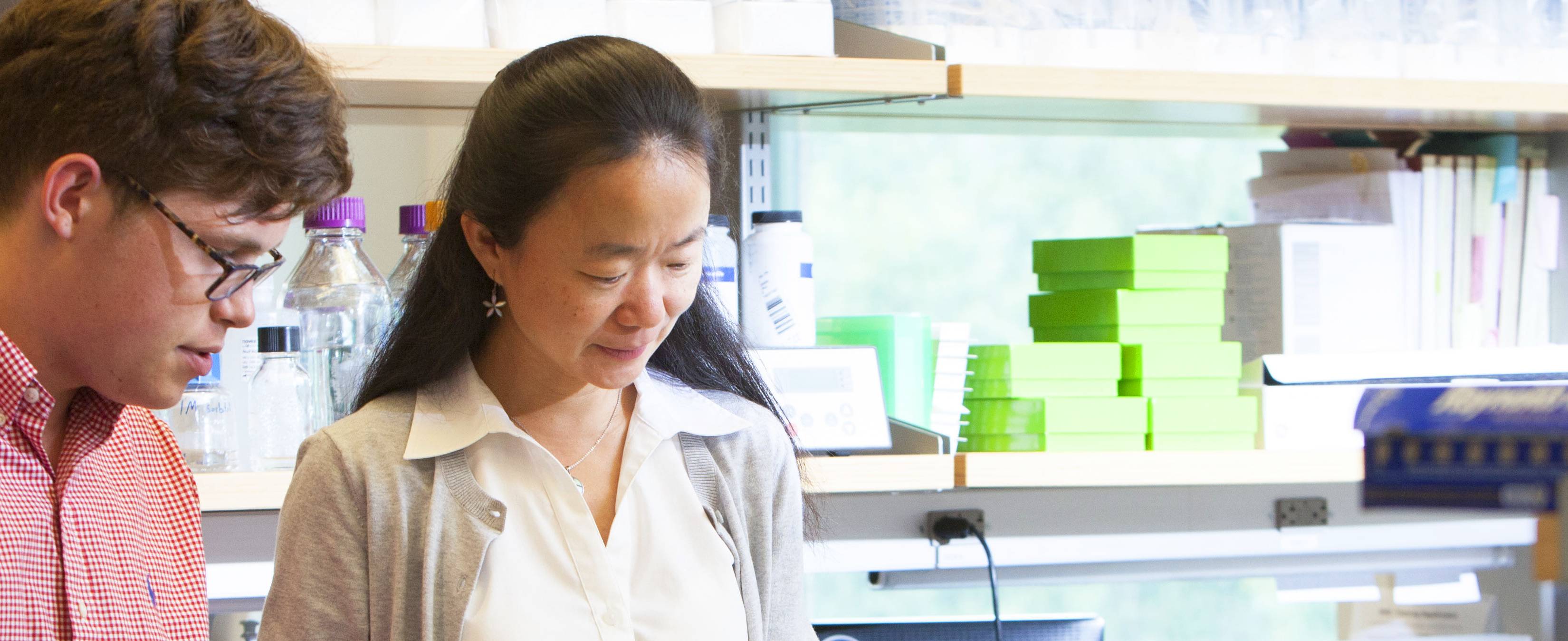 Jue Chen and Anthony Palillo talking in lab